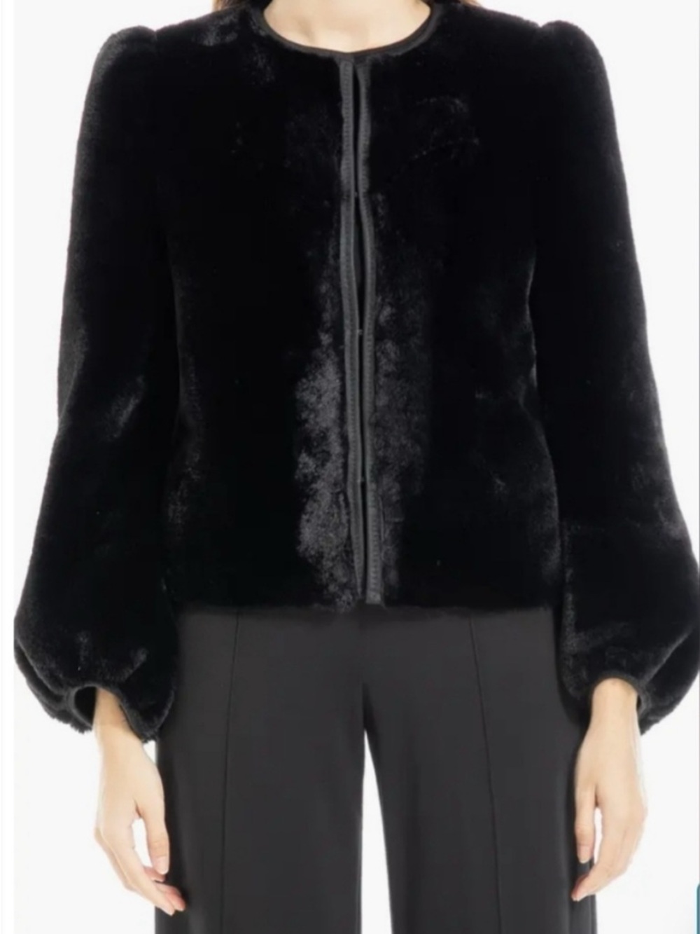 Max Studio Black Faux Fur Cropped Teddy Jacket - Picture 2 of 4